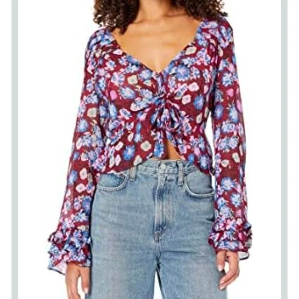 Free People Maybel Floral Print Tie Front Peplum Blouse Long Sleeve Ruffle Cuffs